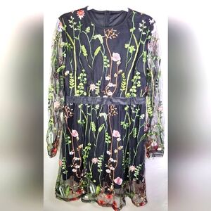 Embroidered Oriental Floral Full Black Lace Goth Sheer Sleeve Dress